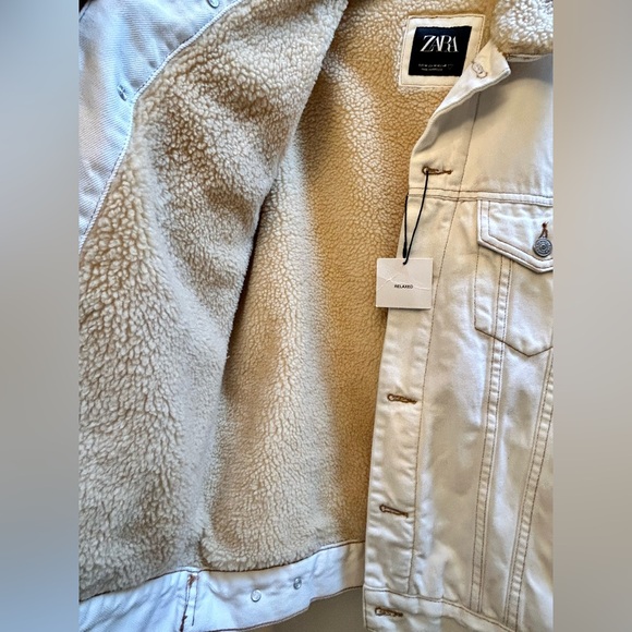 NWT Zara Sherpa White Denim Relaxed Fit Jacket - Picture 6 of 16